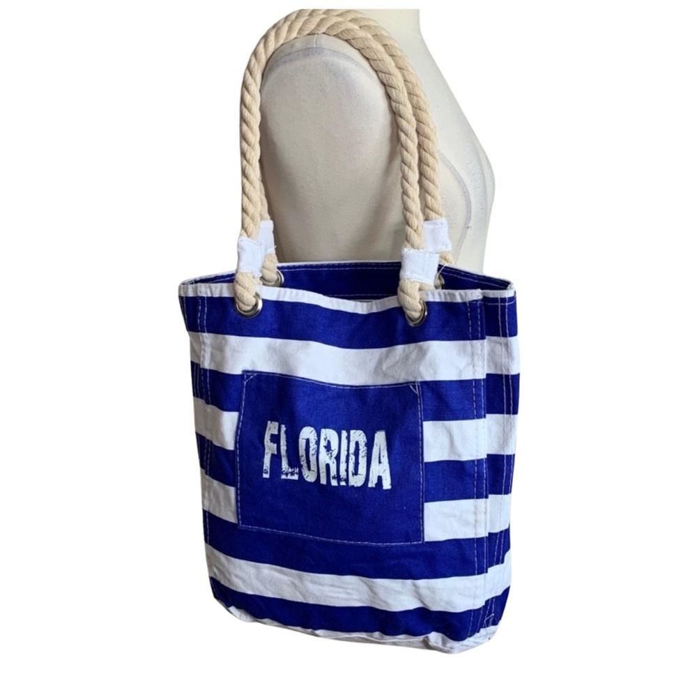 FLORIDA Blue White Striped Tote Beach Vacation Canvas
